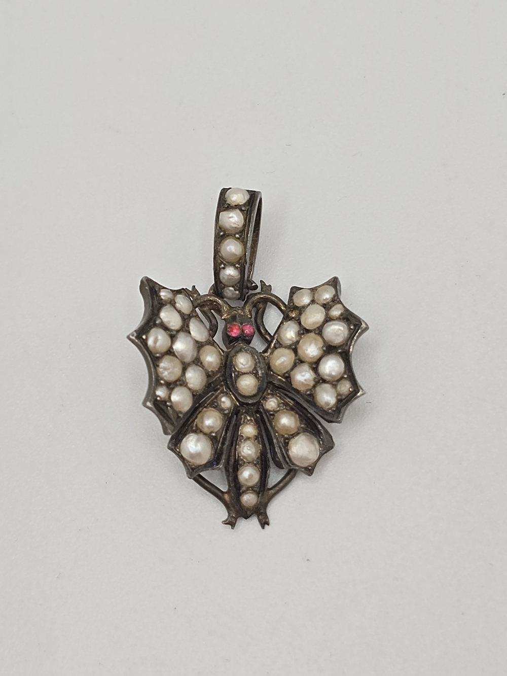 Sterling Silver Bat Pendant Seed Pearl Pink Stones Art Nouveau Antique 1.25"